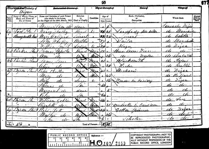 1851 census record for the Honeysuckle Inn